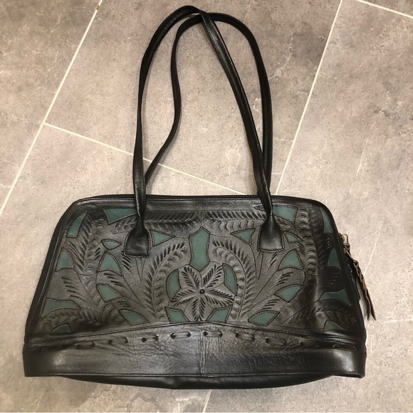 Leaders in Leather black tooled purse shoulder bag turquoise blue cowgirl - Picture 9 of 12